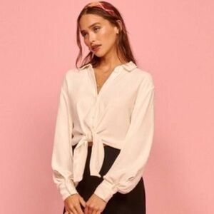 Reformation Alain Ivory Tie-Front Collared Top - Size S